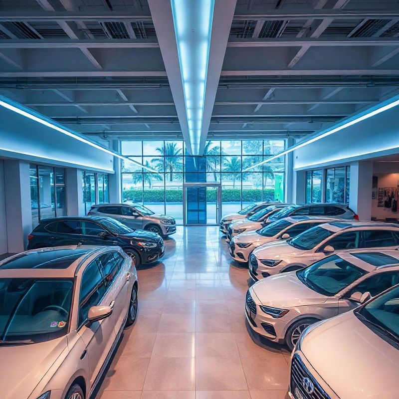Vista aérea do showroom Betamstone com fileiras de sedãs e SUVs sob iluminação LED